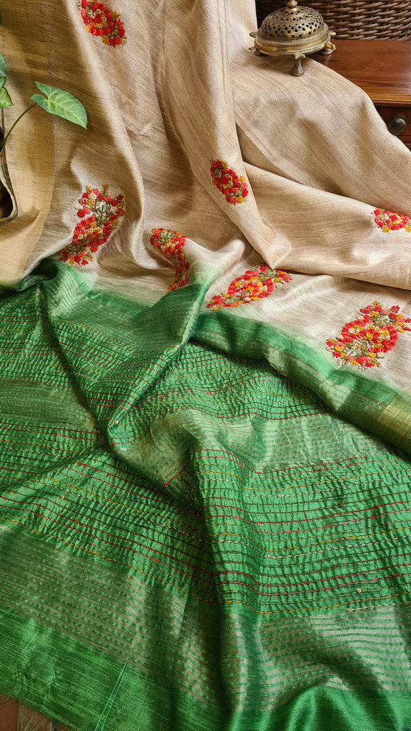 Zynah Tussar & Turquoise Green Color Jute Tissue Silk Handcrafted Saree with French Knot Hand Embroidery; Custom Stitched/Ready-made Blouse, Fall, Petticoat; Shipping available USA, Worldwide