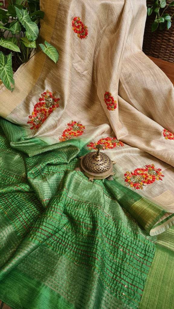 Zynah Tussar & Turquoise Green Color Jute Tissue Silk Handcrafted Saree with French Knot Hand Embroidery; Custom Stitched/Ready-made Blouse, Fall, Petticoat; Shipping available USA, Worldwide