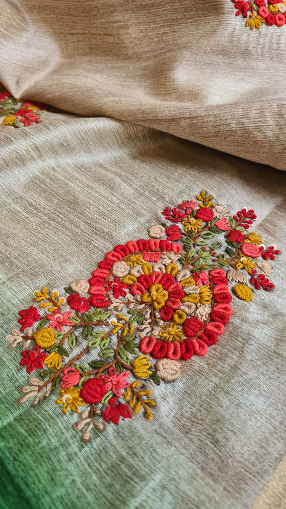 Zynah Tussar & Turquoise Green Color Jute Tissue Silk Handcrafted Saree with French Knot Hand Embroidery; Custom Stitched/Ready-made Blouse, Fall, Petticoat; Shipping available USA, Worldwide