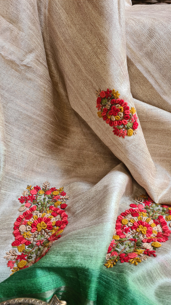 Zynah Tussar & Turquoise Green Color Jute Tissue Silk Handcrafted Saree with French Knot Hand Embroidery; Custom Stitched/Ready-made Blouse, Fall, Petticoat; Shipping available USA, Worldwide