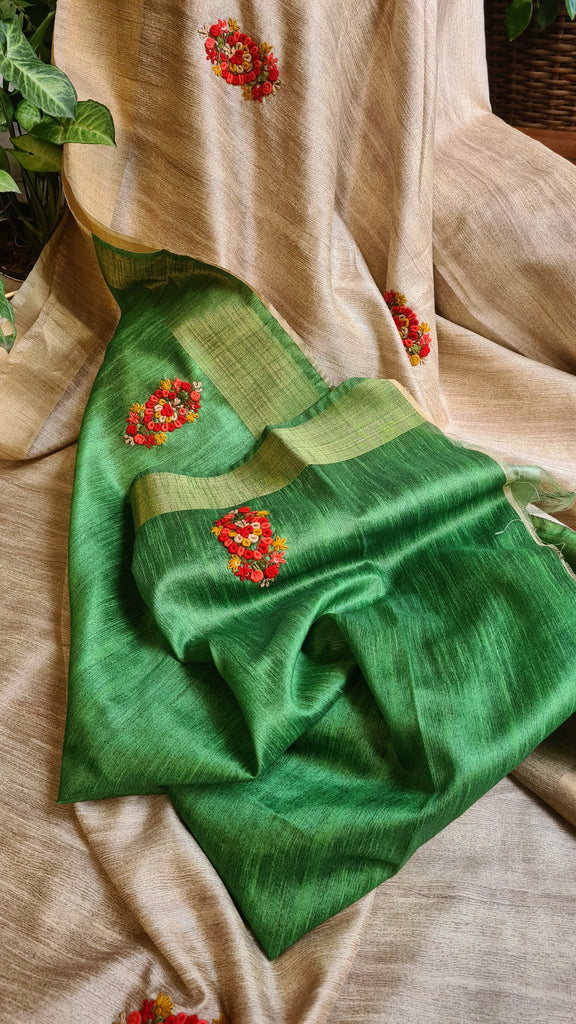 Zynah Tussar & Turquoise Green Color Jute Tissue Silk Handcrafted Saree with French Knot Hand Embroidery; Custom Stitched/Ready-made Blouse, Fall, Petticoat; Shipping available USA, Worldwide