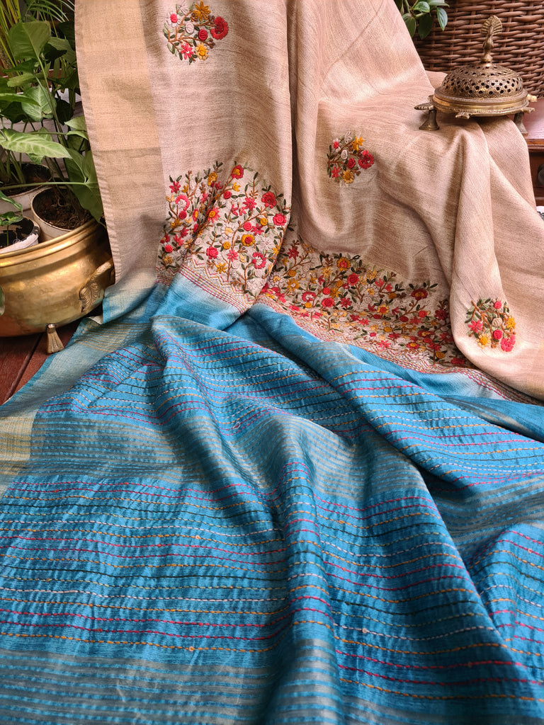 Zynah Tussar & Turquoise Blue Color Jute Tissue Silk Handcrafted Saree with French Knot Hand Embroidery; Custom Stitched/Ready-made Blouse, Fall, Petticoat; Shipping available USA, Worldwide