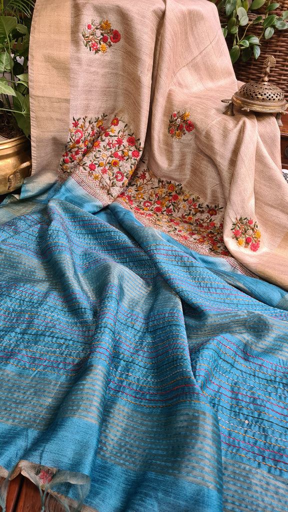 Zynah Tussar & Turquoise Blue Color Jute Tissue Silk Handcrafted Saree with French Knot Hand Embroidery; Custom Stitched/Ready-made Blouse, Fall, Petticoat; Shipping available USA, Worldwide