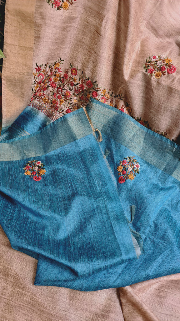 Zynah Tussar & Turquoise Blue Color Jute Tissue Silk Handcrafted Saree with French Knot Hand Embroidery; Custom Stitched/Ready-made Blouse, Fall, Petticoat; Shipping available USA, Worldwide