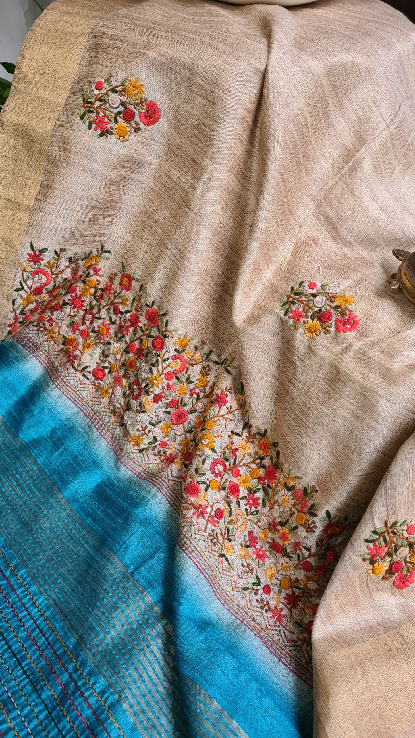 Zynah Tussar & Turquoise Blue Color Jute Tissue Silk Handcrafted Saree with French Knot Hand Embroidery; Custom Stitched/Ready-made Blouse, Fall, Petticoat; Shipping available USA, Worldwide