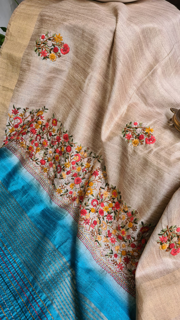 Zynah Tussar & Turquoise Blue Color Jute Tissue Silk Handcrafted Saree with French Knot Hand Embroidery; Custom Stitched/Ready-made Blouse, Fall, Petticoat; Shipping available USA, Worldwide