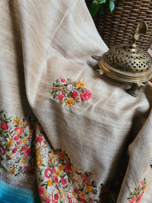 Zynah Tussar & Turquoise Blue Color Jute Tissue Silk Handcrafted Saree with French Knot Hand Embroidery; Custom Stitched/Ready-made Blouse, Fall, Petticoat; Shipping available USA, Worldwide