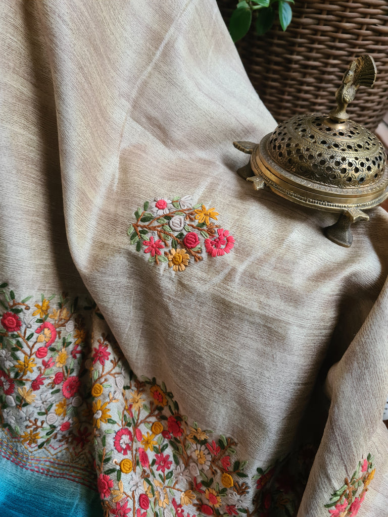 Zynah Tussar & Turquoise Blue Color Jute Tissue Silk Handcrafted Saree with French Knot Hand Embroidery; Custom Stitched/Ready-made Blouse, Fall, Petticoat; Shipping available USA, Worldwide