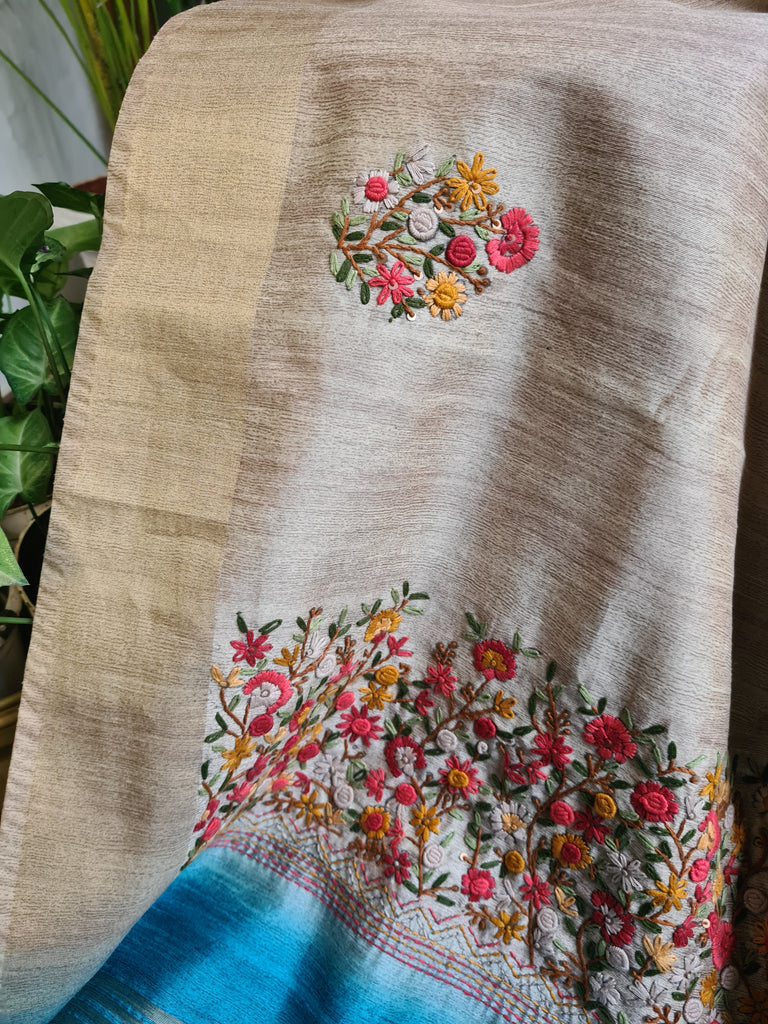 Zynah Tussar & Turquoise Blue Color Jute Tissue Silk Handcrafted Saree with French Knot Hand Embroidery; Custom Stitched/Ready-made Blouse, Fall, Petticoat; Shipping available USA, Worldwide