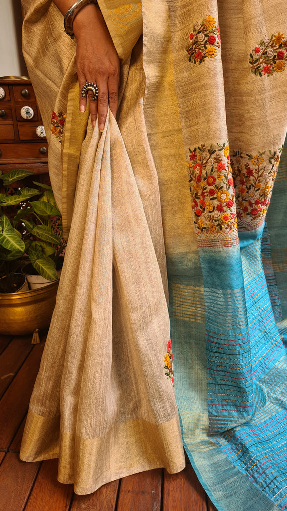 Zynah Tussar & Turquoise Blue Color Jute Tissue Silk Handcrafted Saree with French Knot Hand Embroidery; Custom Stitched/Ready-made Blouse, Fall, Petticoat; Shipping available USA, Worldwide