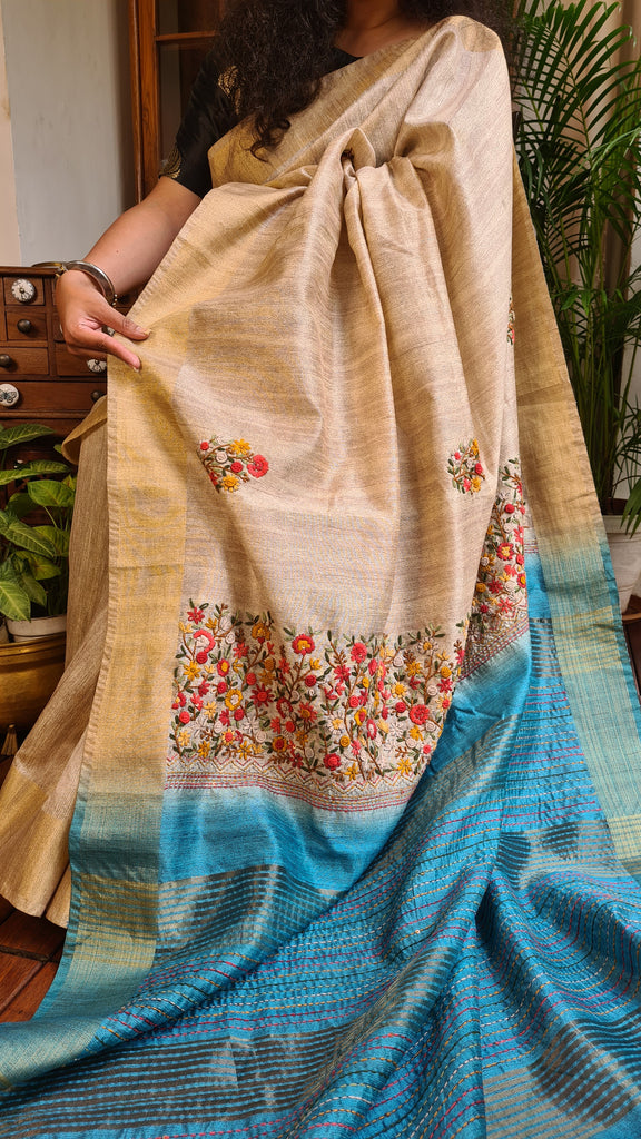Zynah Tussar & Turquoise Blue Color Jute Tissue Silk Handcrafted Saree with French Knot Hand Embroidery; Custom Stitched/Ready-made Blouse, Fall, Petticoat; Shipping available USA, Worldwide