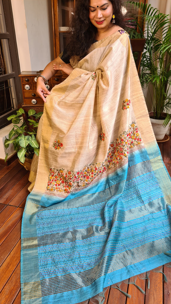 Zynah Tussar & Turquoise Blue Color Jute Tissue Silk Handcrafted Saree with French Knot Hand Embroidery; Custom Stitched/Ready-made Blouse, Fall, Petticoat; Shipping available USA, Worldwide