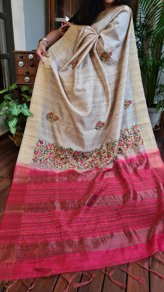 Zynah Tussar Color Jute Tissue Silk Handcrafted Saree with French Knot Hand Embroidery; Custom Stitched/Ready-made Blouse, Fall, Petticoat; Shipping available USA, Worldwide