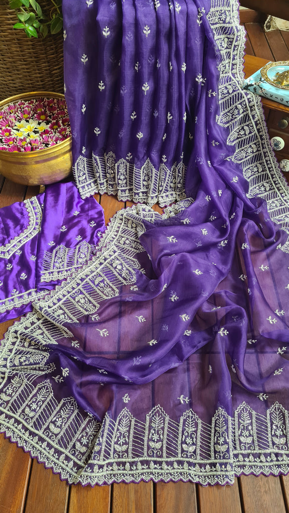 Zynah Aubergine Color Organza Silk Saree with Cut-dana Work, Pearls, Beads, Gotapatti Work; Custom Stitched/Ready-made Blouse, Fall, Petticoat; Shipping available USA, Worldwide