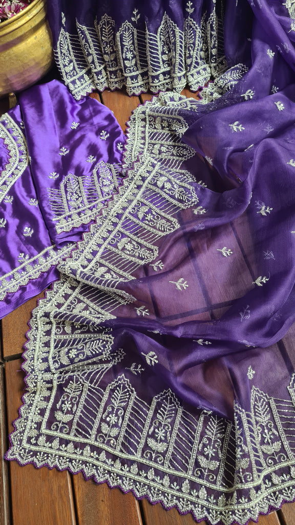 Zynah Aubergine Color Organza Silk Saree with Cut-dana Work, Pearls, Beads, Gotapatti Work; Custom Stitched/Ready-made Blouse, Fall, Petticoat; Shipping available USA, Worldwide