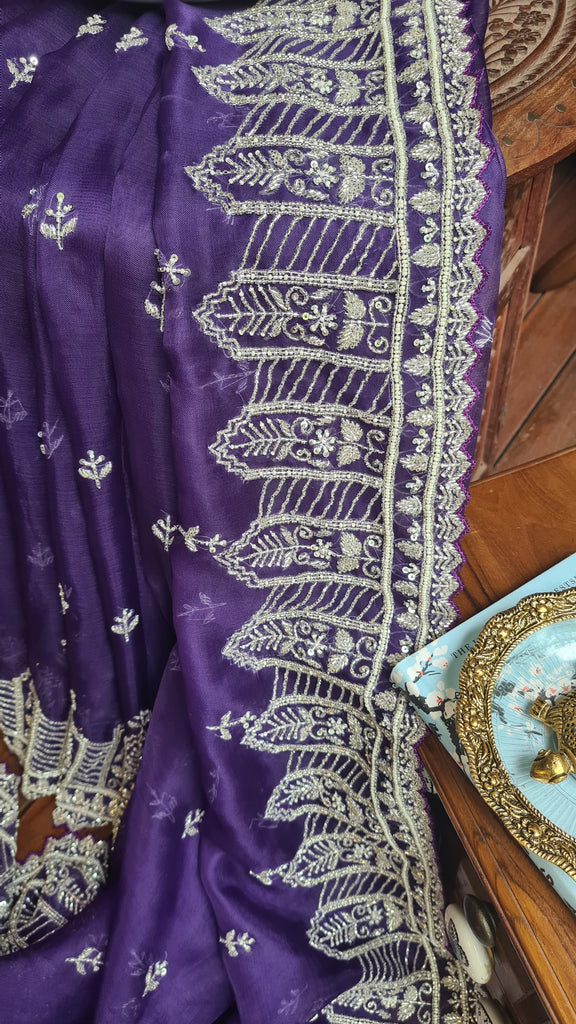 Zynah Aubergine Color Organza Silk Saree with Cut-dana Work, Pearls, Beads, Gotapatti Work; Custom Stitched/Ready-made Blouse, Fall, Petticoat; Shipping available USA, Worldwide