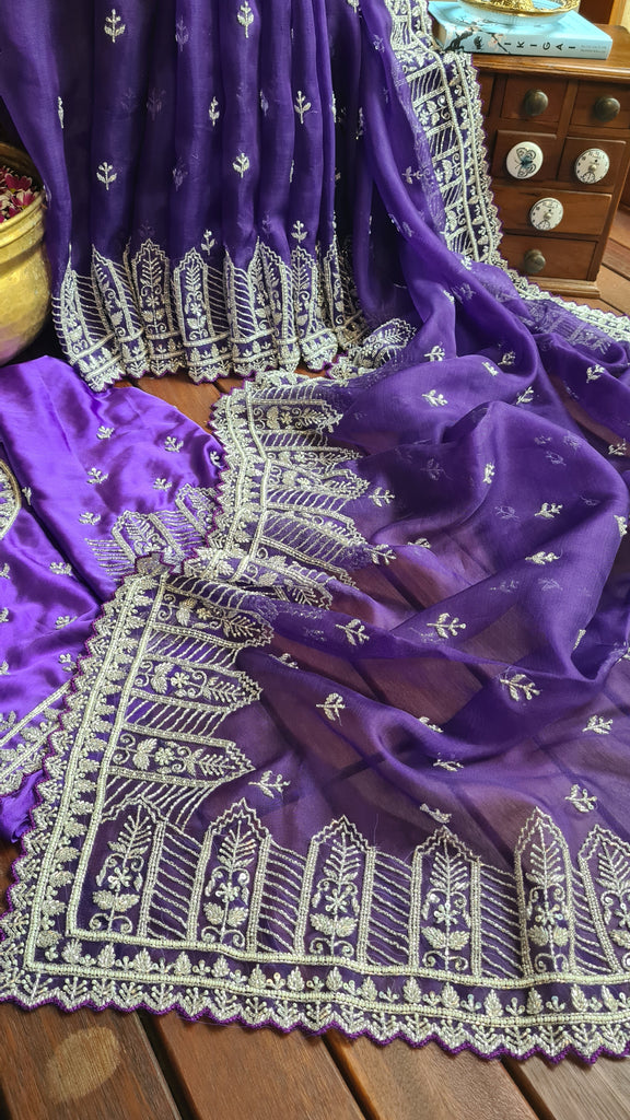 Zynah Aubergine Color Organza Silk Saree with Cut-dana Work, Pearls, Beads, Gotapatti Work; Custom Stitched/Ready-made Blouse, Fall, Petticoat; Shipping available USA, Worldwide