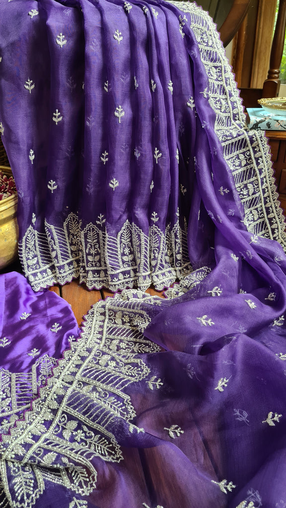 Zynah Aubergine Color Organza Silk Saree with Cut-dana Work, Pearls, Beads, Gotapatti Work; Custom Stitched/Ready-made Blouse, Fall, Petticoat; Shipping available USA, Worldwide