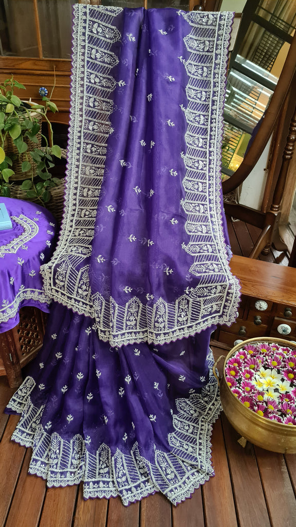 Zynah Aubergine Color Organza Silk Saree with Cut-dana Work, Pearls, Beads, Gotapatti Work; Custom Stitched/Ready-made Blouse, Fall, Petticoat; Shipping available USA, Worldwide