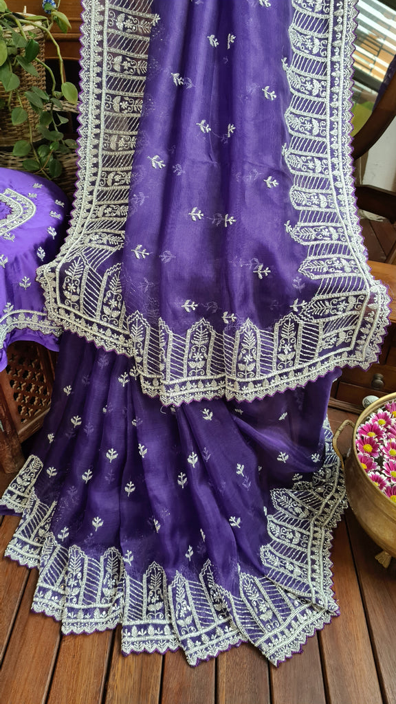 Zynah Aubergine Color Organza Silk Saree with Cut-dana Work, Pearls, Beads, Gotapatti Work; Custom Stitched/Ready-made Blouse, Fall, Petticoat; Shipping available USA, Worldwide