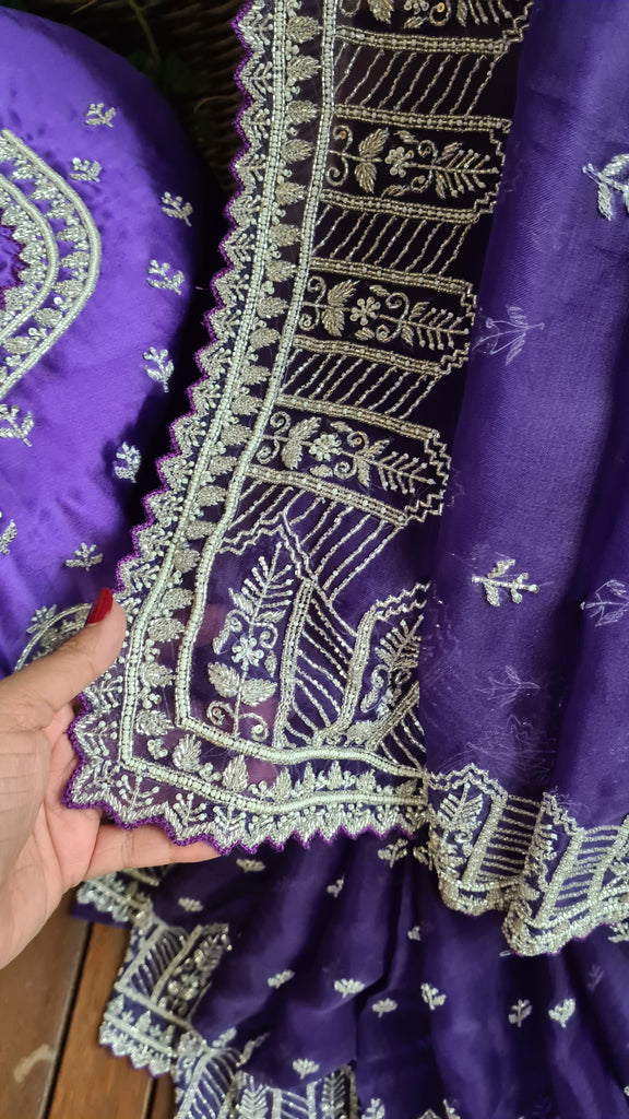 Zynah Aubergine Color Organza Silk Saree with Cut-dana Work, Pearls, Beads, Gotapatti Work; Custom Stitched/Ready-made Blouse, Fall, Petticoat; Shipping available USA, Worldwide