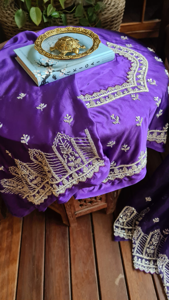 Zynah Aubergine Color Organza Silk Saree with Cut-dana Work, Pearls, Beads, Gotapatti Work; Custom Stitched/Ready-made Blouse, Fall, Petticoat; Shipping available USA, Worldwide