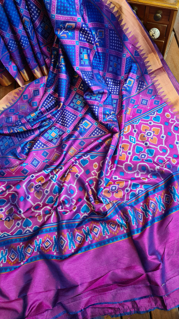 Zynah Blue Color Soft Silk Ikkat Printed Saree with woven zari borders; Custom Stitched/Ready-made Blouse, Fall, Petticoat; Shipping available USA, Worldwide