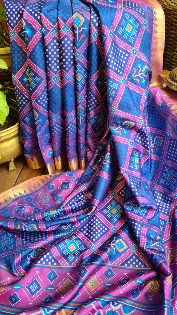 Zynah Blue Color Soft Silk Ikkat Printed Saree with woven zari borders; Custom Stitched/Ready-made Blouse, Fall, Petticoat; Shipping available USA, Worldwide