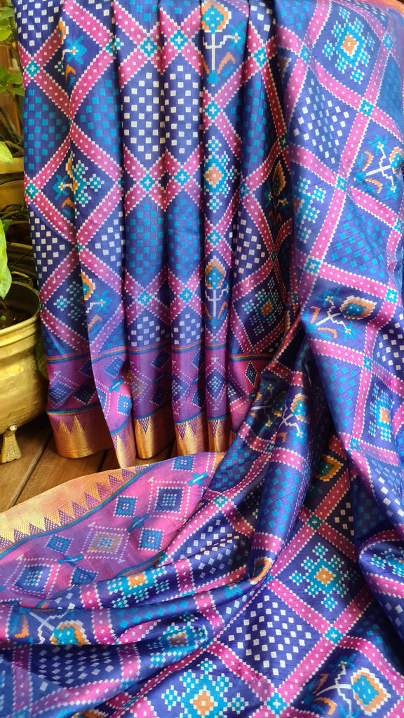 Zynah Blue Color Soft Silk Ikkat Printed Saree with woven zari borders; Custom Stitched/Ready-made Blouse, Fall, Petticoat; Shipping available USA, Worldwide