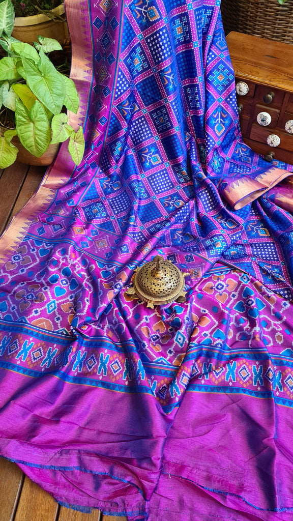 Zynah Blue Color Soft Silk Ikkat Printed Saree with woven zari borders; Custom Stitched/Ready-made Blouse, Fall, Petticoat; Shipping available USA, Worldwide