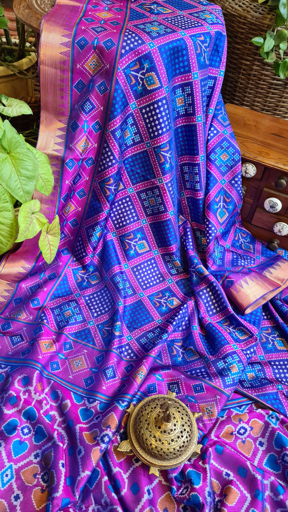 Zynah Blue Color Soft Silk Ikkat Printed Saree with woven zari borders; Custom Stitched/Ready-made Blouse, Fall, Petticoat; Shipping available USA, Worldwide