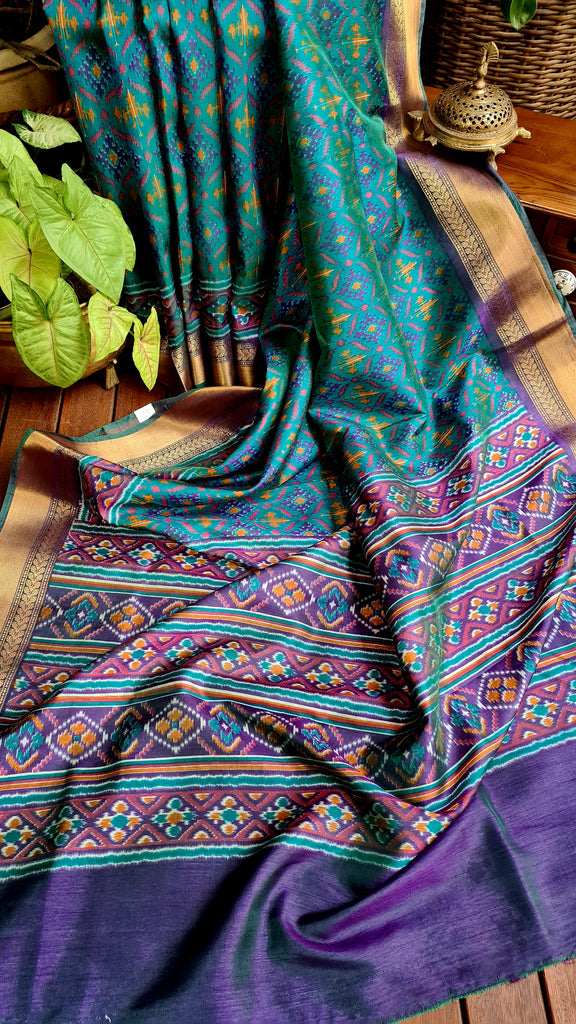 Zynah Turquoise Color Soft Silk Ikkat Printed Saree with woven zari borders; Custom Stitched/Ready-made Blouse, Fall, Petticoat; Shipping available USA, Worldwide
