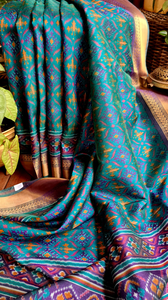 Zynah Turquoise Color Soft Silk Ikkat Printed Saree with woven zari borders; Custom Stitched/Ready-made Blouse, Fall, Petticoat; Shipping available USA, Worldwide