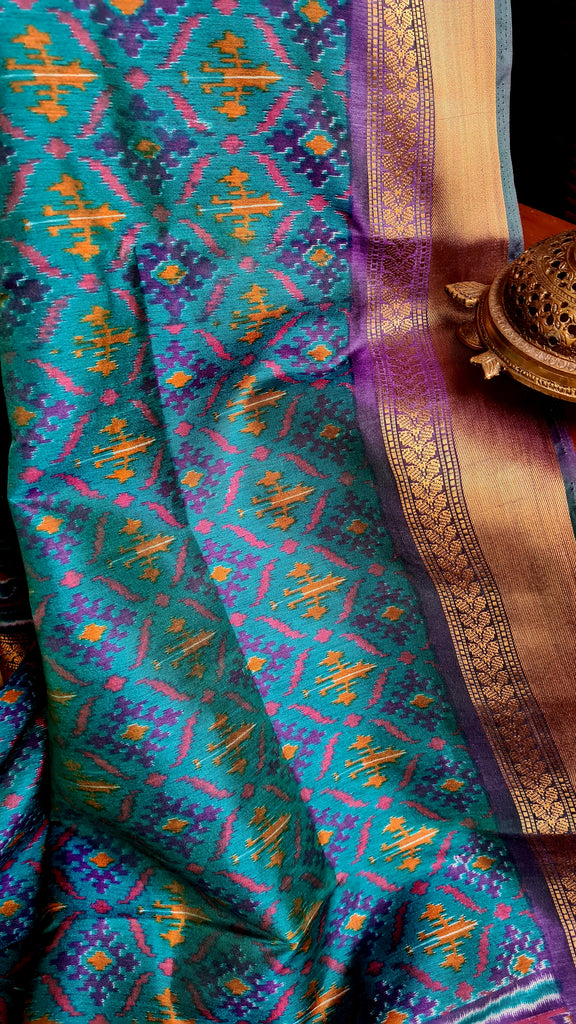 Zynah Turquoise Color Soft Silk Ikkat Printed Saree with woven zari borders; Custom Stitched/Ready-made Blouse, Fall, Petticoat; Shipping available USA, Worldwide