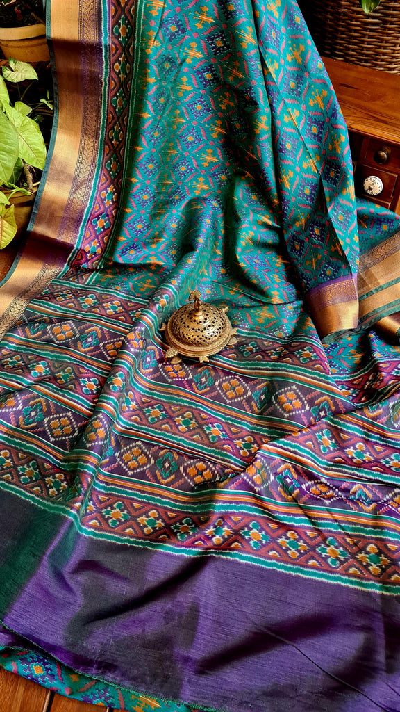 Zynah Turquoise Color Soft Silk Ikkat Printed Saree with woven zari borders; Custom Stitched/Ready-made Blouse, Fall, Petticoat; Shipping available USA, Worldwide