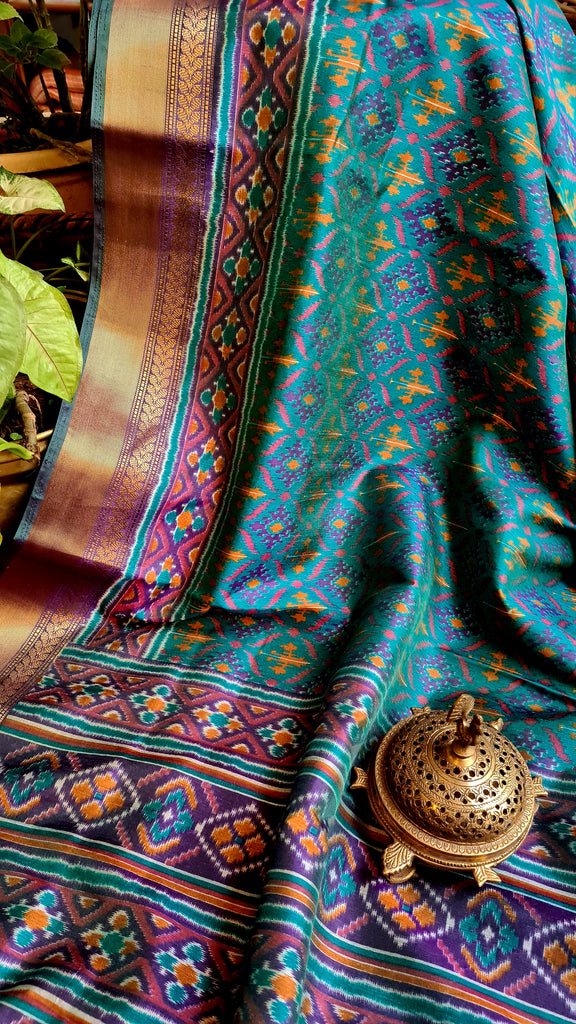 Zynah Turquoise Color Soft Silk Ikkat Printed Saree with woven zari borders; Custom Stitched/Ready-made Blouse, Fall, Petticoat; Shipping available USA, Worldwide