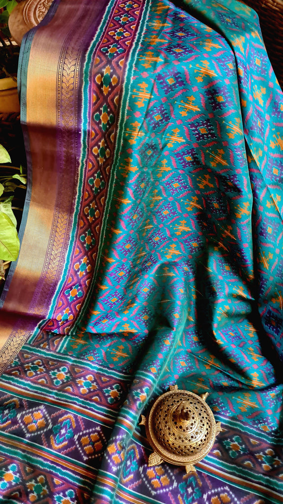 Zynah Turquoise Color Soft Silk Ikkat Printed Saree with woven zari borders; Custom Stitched/Ready-made Blouse, Fall, Petticoat; Shipping available USA, Worldwide