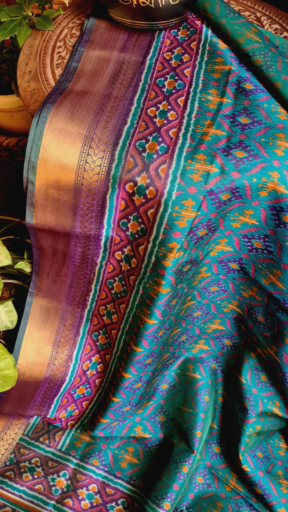 Zynah Turquoise Color Soft Silk Ikkat Printed Saree with woven zari borders; Custom Stitched/Ready-made Blouse, Fall, Petticoat; Shipping available USA, Worldwide