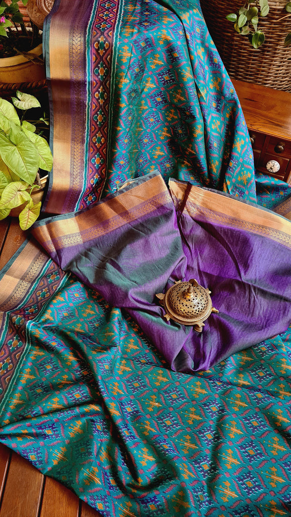 Zynah Turquoise Color Soft Silk Ikkat Printed Saree with woven zari borders; Custom Stitched/Ready-made Blouse, Fall, Petticoat; Shipping available USA, Worldwide