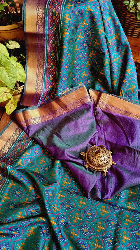 Zynah Turquoise Color Soft Silk Ikkat Printed Saree with woven zari borders; Custom Stitched/Ready-made Blouse, Fall, Petticoat; Shipping available USA, Worldwide