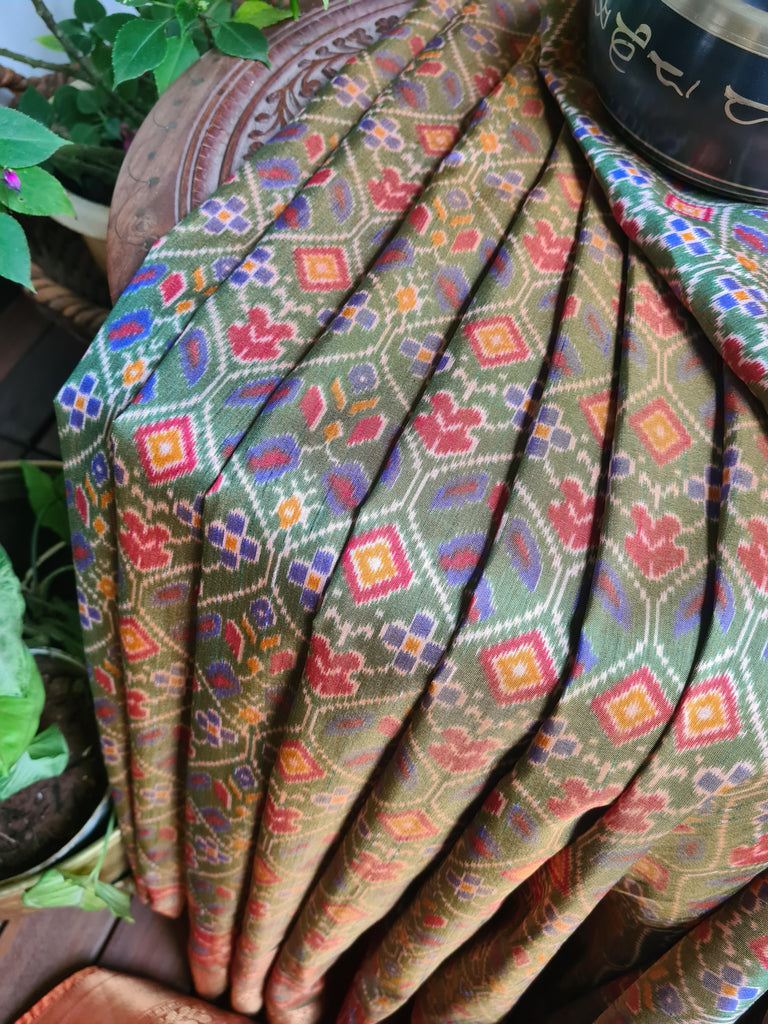 Zynah Golden Olive Color Soft Silk Ikkat Printed Saree with woven zari borders; Custom Stitched/Ready-made Blouse, Fall, Petticoat; Shipping available USA, Worldwide