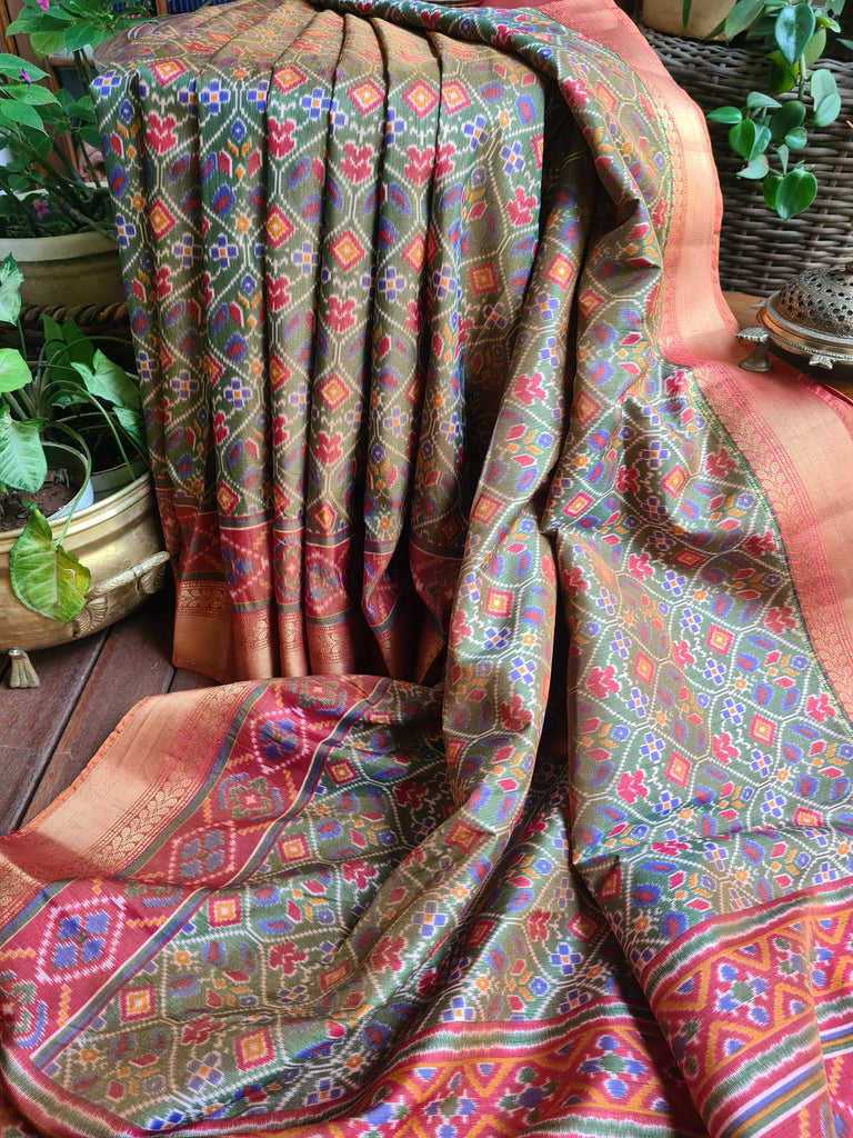 Zynah Golden Olive Color Soft Silk Ikkat Printed Saree with woven zari borders; Custom Stitched/Ready-made Blouse, Fall, Petticoat; Shipping available USA, Worldwide