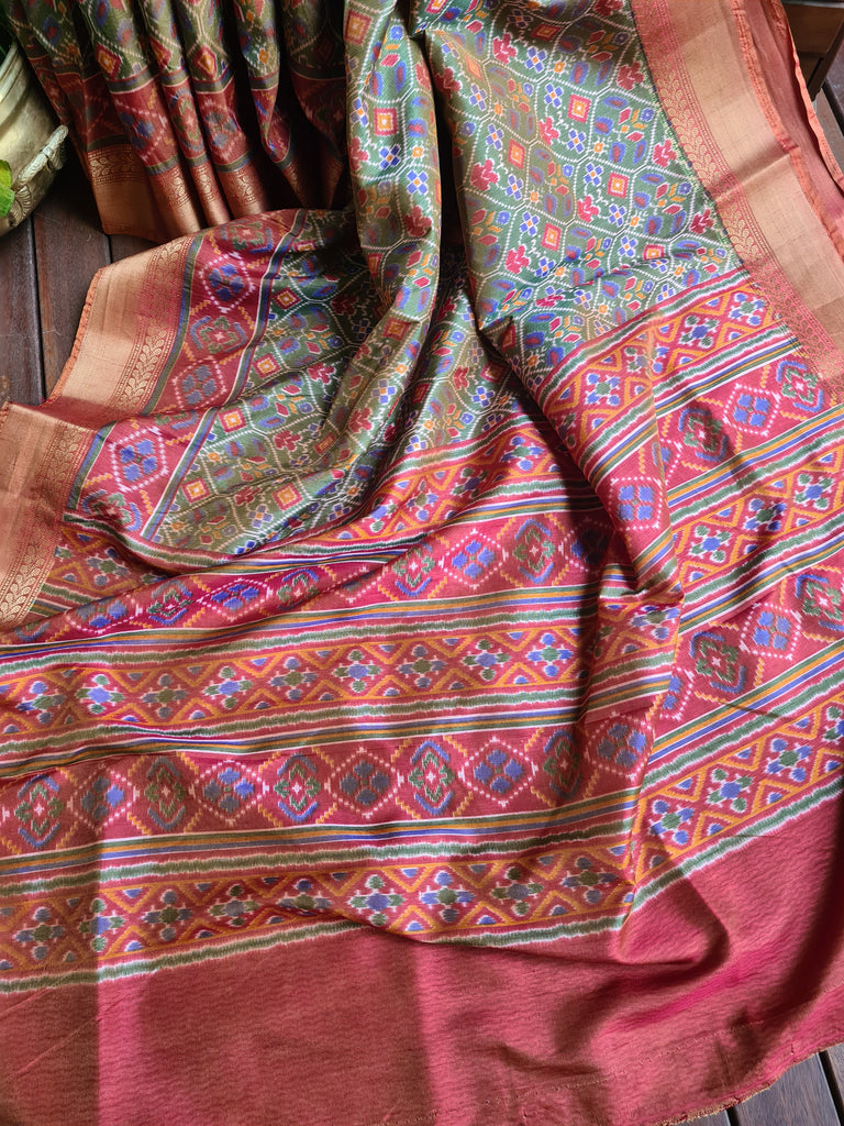 Zynah Golden Olive Color Soft Silk Ikkat Printed Saree with woven zari borders; Custom Stitched/Ready-made Blouse, Fall, Petticoat; Shipping available USA, Worldwide