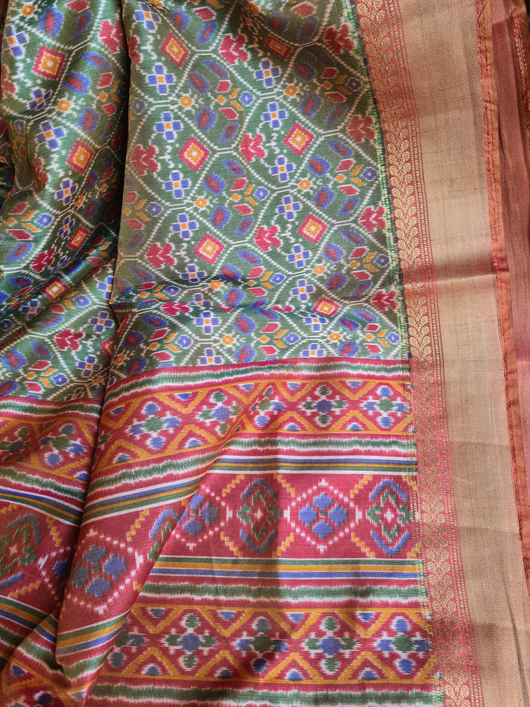 Zynah Golden Olive Color Soft Silk Ikkat Printed Saree with woven zari borders; Custom Stitched/Ready-made Blouse, Fall, Petticoat; Shipping available USA, Worldwide