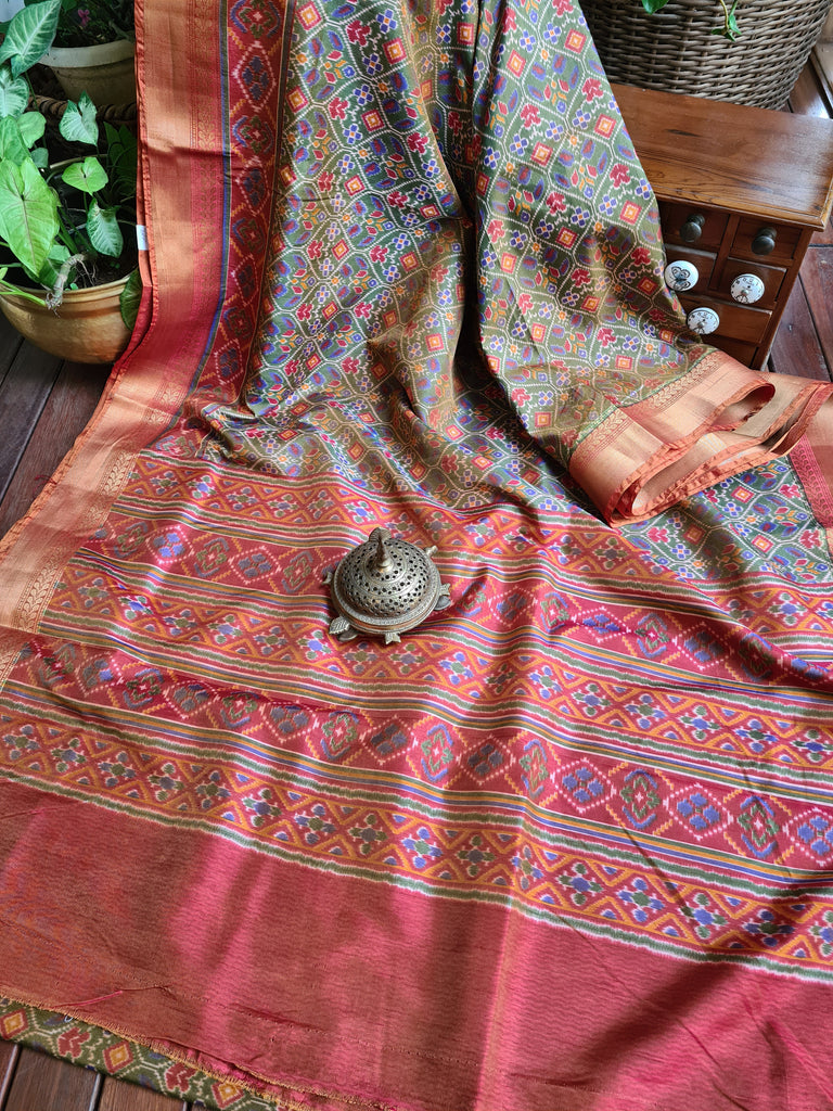 Zynah Golden Olive Color Soft Silk Ikkat Printed Saree with woven zari borders; Custom Stitched/Ready-made Blouse, Fall, Petticoat; Shipping available USA, Worldwide