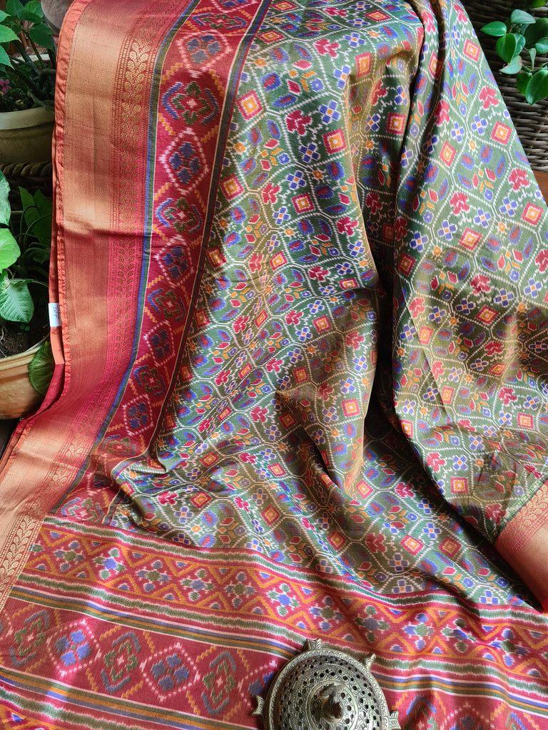 Zynah Golden Olive Color Soft Silk Ikkat Printed Saree with woven zari borders; Custom Stitched/Ready-made Blouse, Fall, Petticoat; Shipping available USA, Worldwide