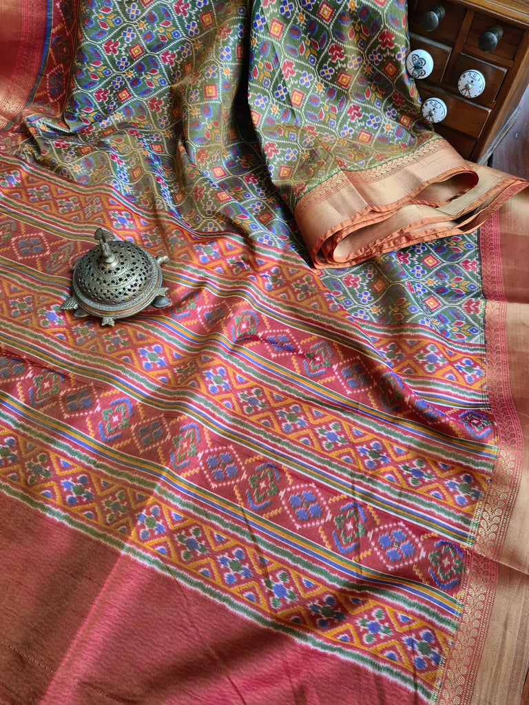 Zynah Golden Olive Color Soft Silk Ikkat Printed Saree with woven zari borders; Custom Stitched/Ready-made Blouse, Fall, Petticoat; Shipping available USA, Worldwide