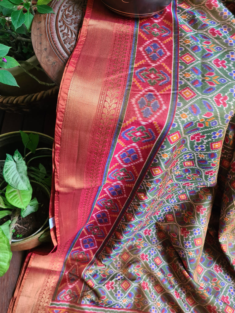 Zynah Golden Olive Color Soft Silk Ikkat Printed Saree with woven zari borders; Custom Stitched/Ready-made Blouse, Fall, Petticoat; Shipping available USA, Worldwide