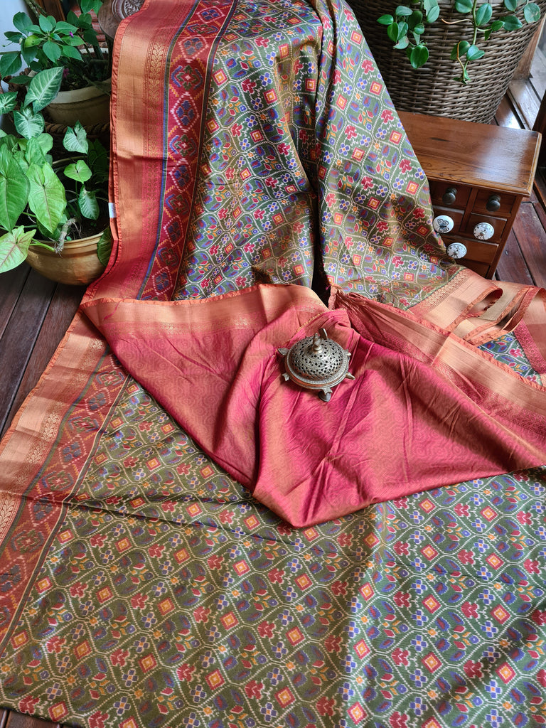 Zynah Golden Olive Color Soft Silk Ikkat Printed Saree with woven zari borders; Custom Stitched/Ready-made Blouse, Fall, Petticoat; Shipping available USA, Worldwide