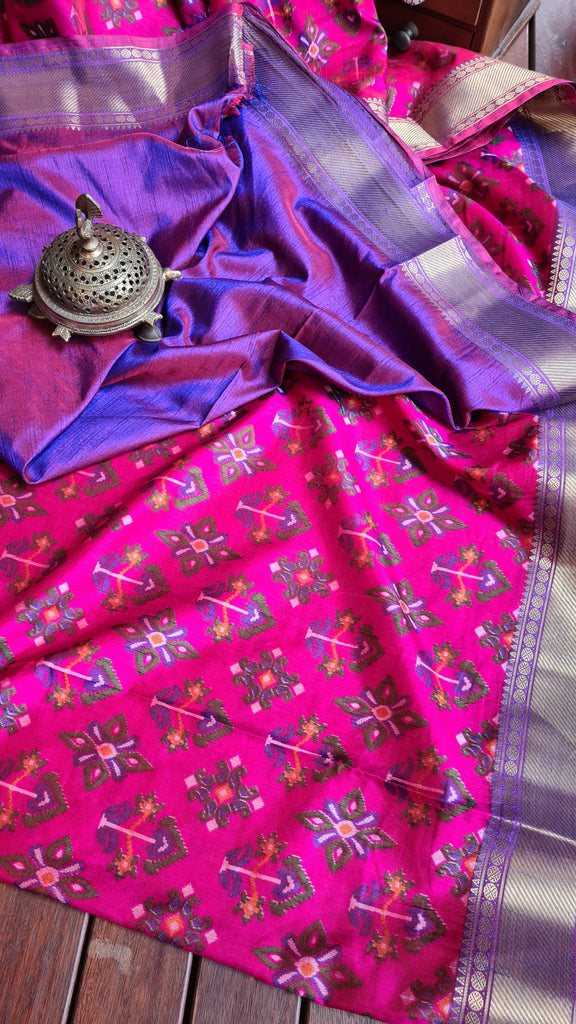 Zynah Pink Color Soft Silk Ikkat Printed Saree with woven zari borders; Custom Stitched/Ready-made Blouse, Fall, Petticoat; Shipping available USA, Worldwide